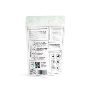 Back of a product packaging with text and icons on a white background