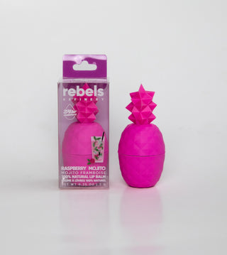 Pink pineapple-shaped product with packaging labeled 'rebels' on a white background