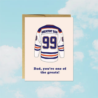 Card with hockey jersey design and text on a sky background