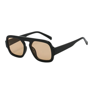 Black sunglasses with gold lenses on a white background