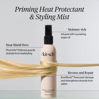Kitsch hair mist bottle with text detailing product features on a gray background