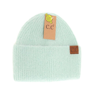 Light blue beanie with C.C brand tags on a white background