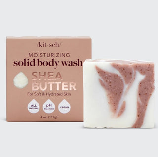 Shea butter moisturizing solid body wash bar with packaging on a white background