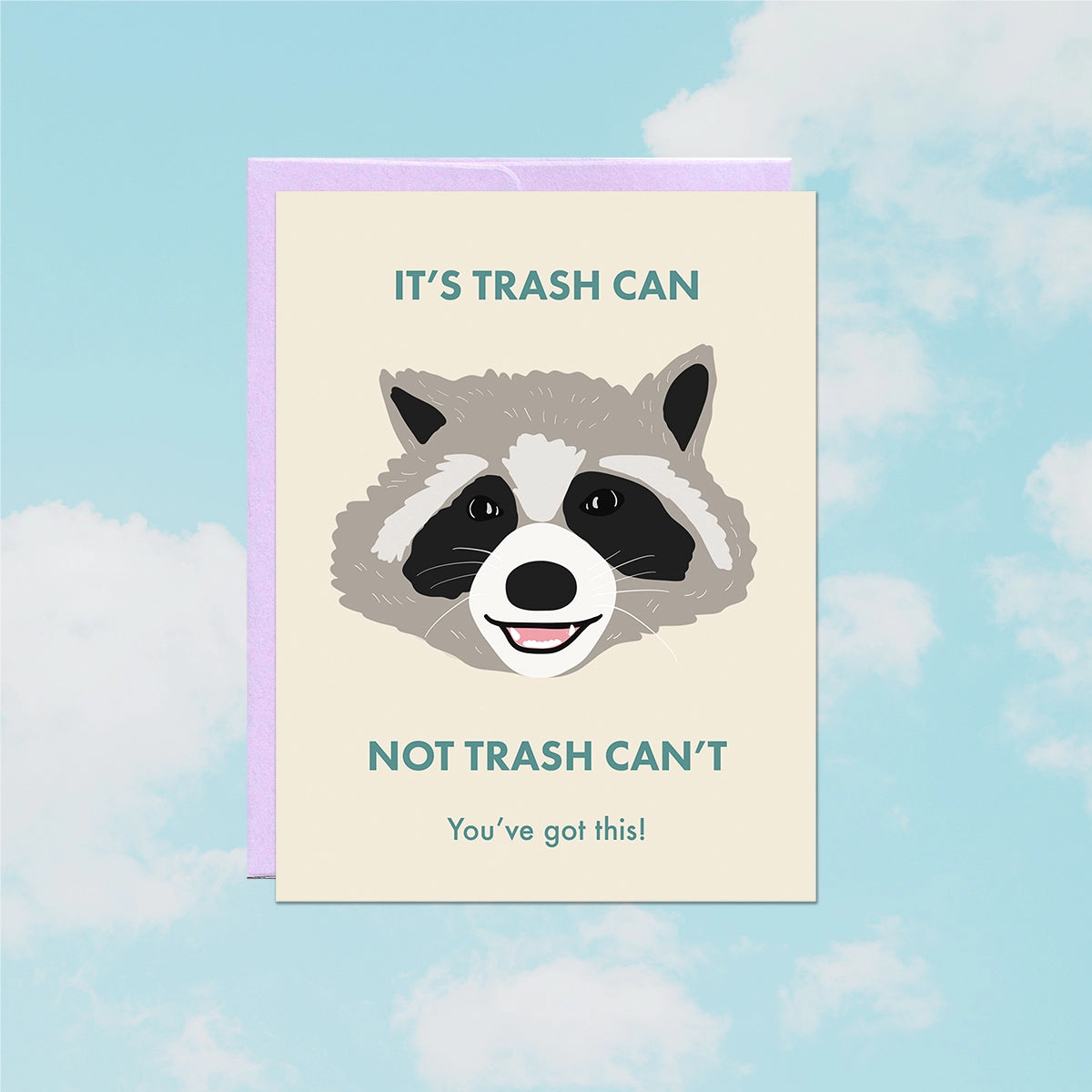 Card with a raccoon illustration and humorous text "it's trash can not trash can't. You've got this!"
