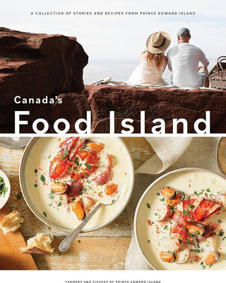 Book cover of 'Canada's Food Island' with a couple overlooking water and food dishes.