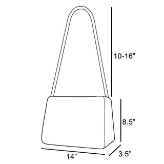 Line drawing of a handbag with dimensions indicated
