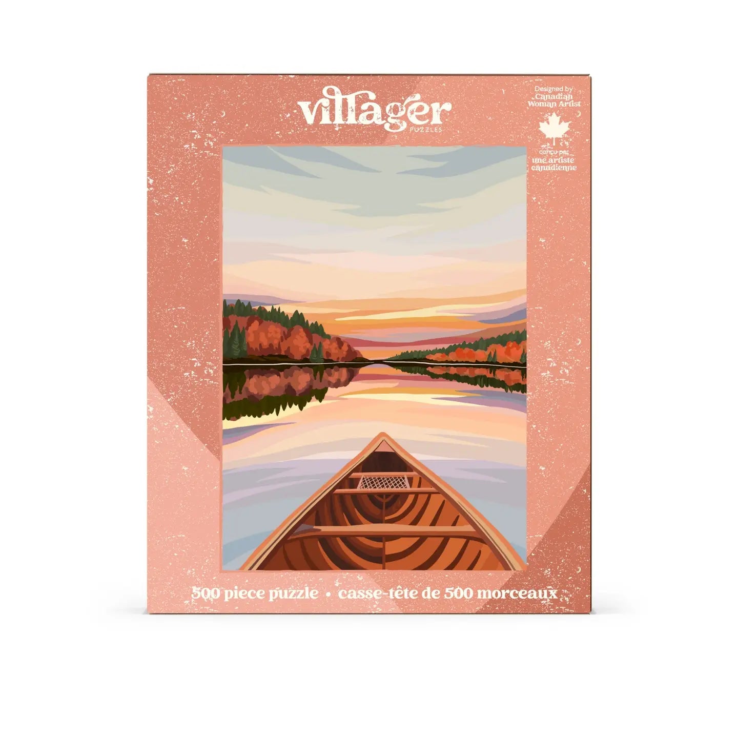 Villager puzzle box with a scenic design of a lake and canoe on a white background