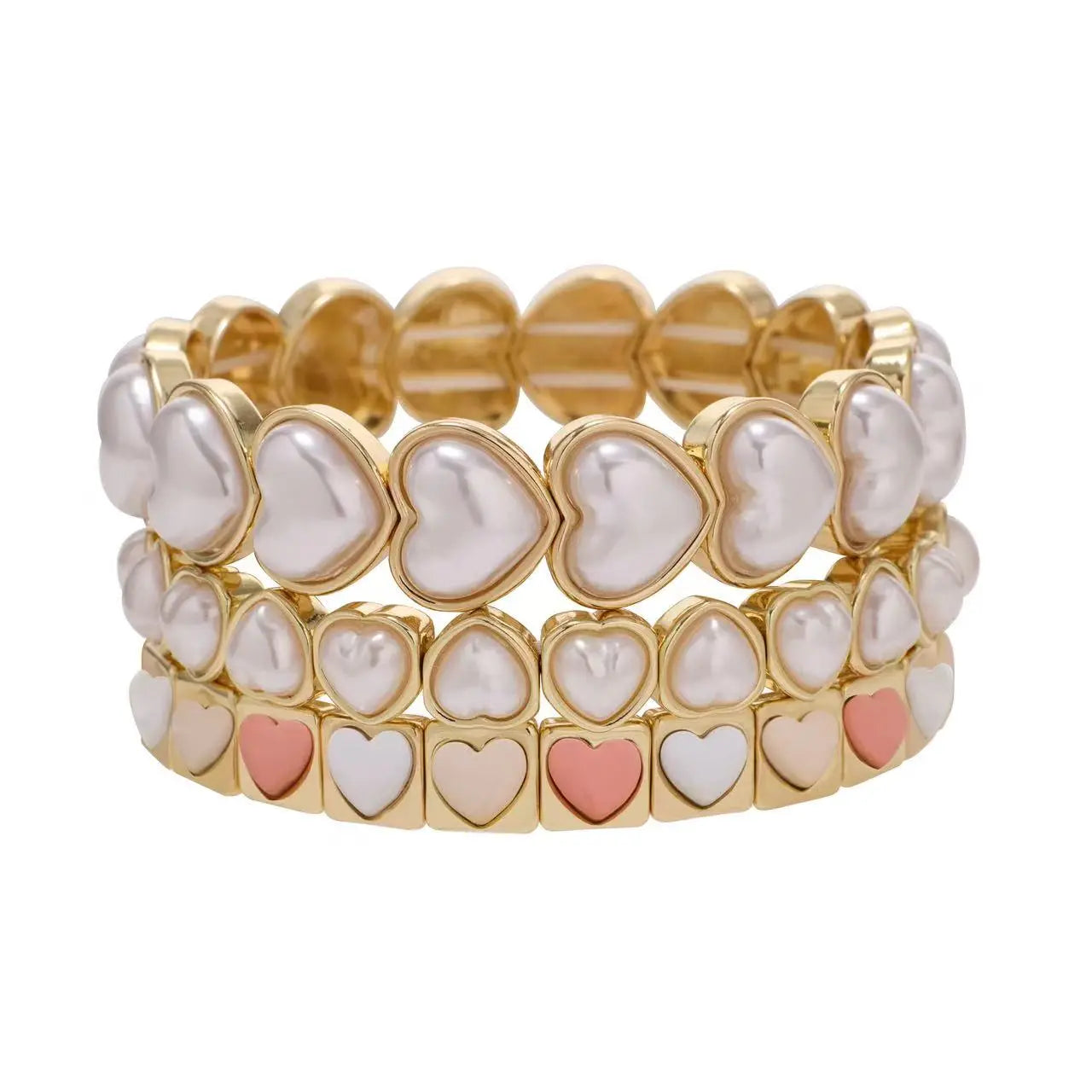 A bright colourful bracelet stack.