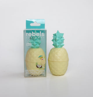 Pineapple-shaped lip balm with packaging on a white background