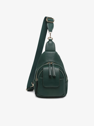 Green leather sling bag on a white background