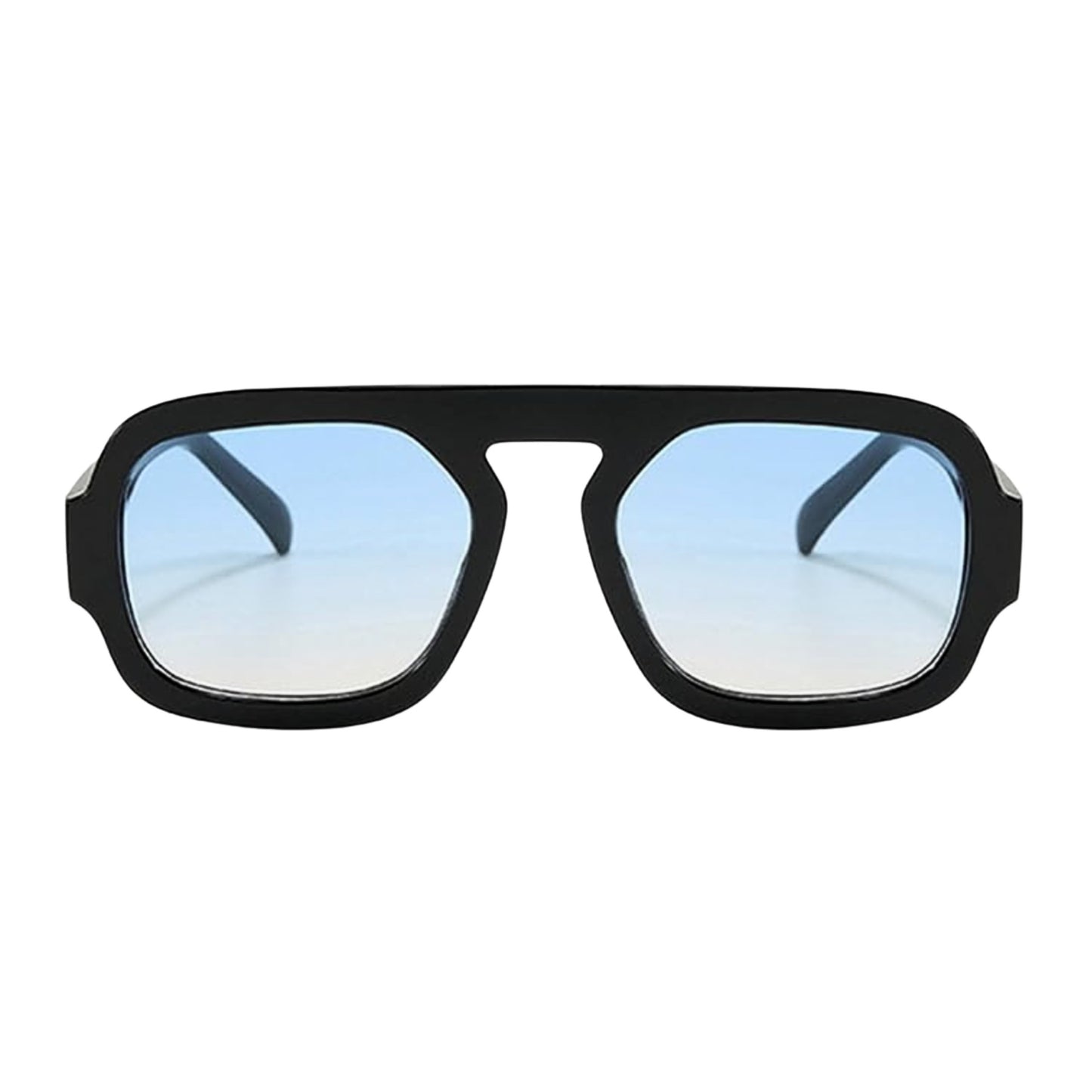 Black sunglasses with blue-tinted lenses on a white background
