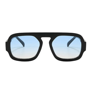 Black sunglasses with blue-tinted lenses on a white background