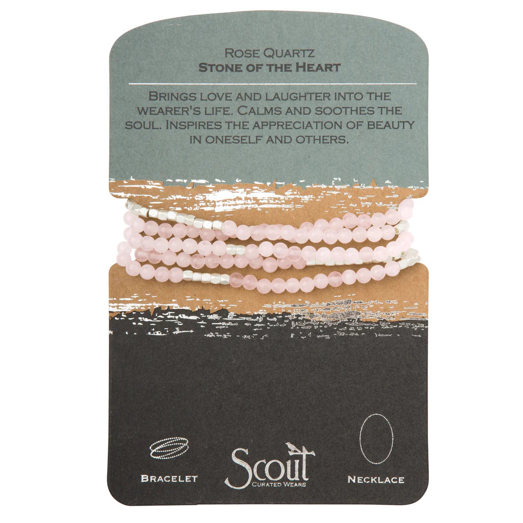 a rose quartz wrap bracelet on a branded Scout Jewelry Card