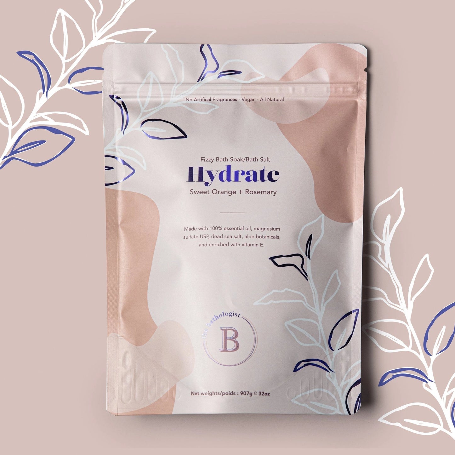 Bath salt package labeled 'Hydrate' with decorative elements on a beige background