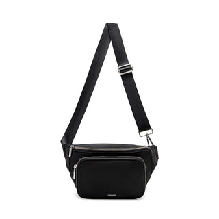 black fanny pack with silver hardware