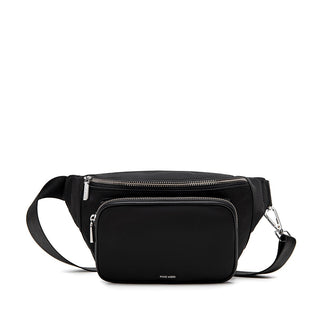 a black fanny pack with silver hardware