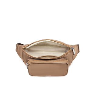 the interior of a beige fanny pack