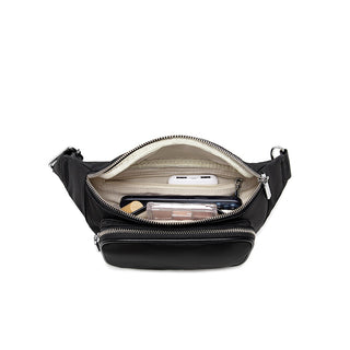 black fanny pack with silver hardware