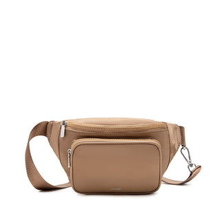 A brown Aaliyah fanny pack with an adjustable strap and exterior zip pocket.