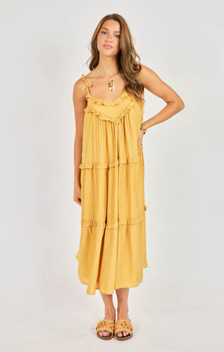 Woman wearing a yellow dress on a white background