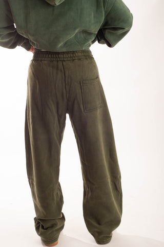 A person shown from the back wearing loose olive green sweatpants with an elastic waistband, a back pocket, and cuffed ankles, paired with an olive green top against a plain white studio background.