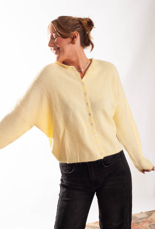 A woman wearing a pale yellow fuzzy long-sleeve button-front cardigan and black jeans, photographed against a plain white studio background.