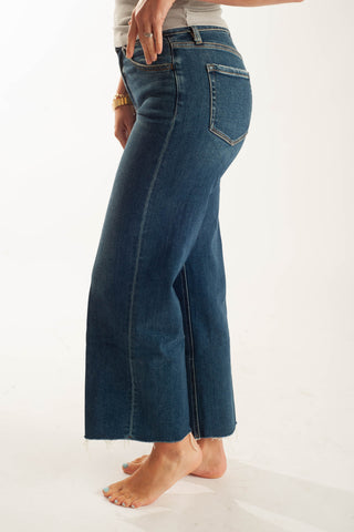 A person wearing dark blue wide-leg cropped jeans, shown from the side and back against a clean white studio background.