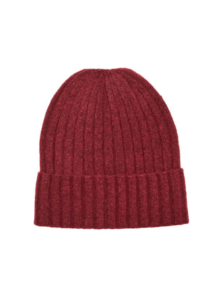 Red knit beanie on a white background