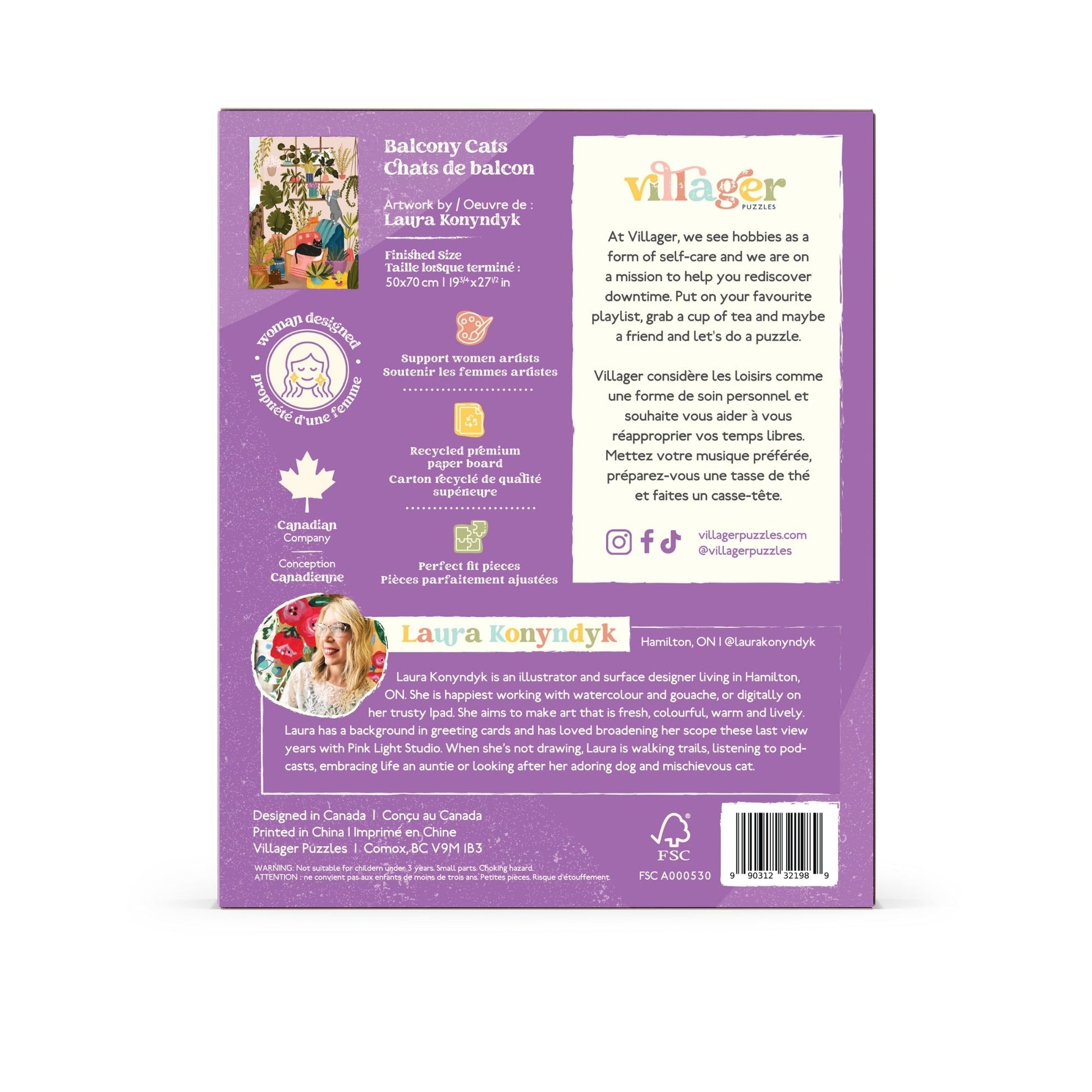 Back of a puzzle box with branding and product details on a white background