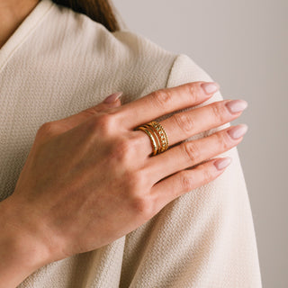 A person's hand wearing a gold-colored, multi-faceted ring with a textured surface.