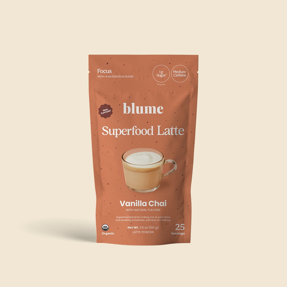 Blume Superfood Latte Vanilla Chai package on a beige background