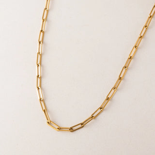 Gold chain necklace on a light beige background