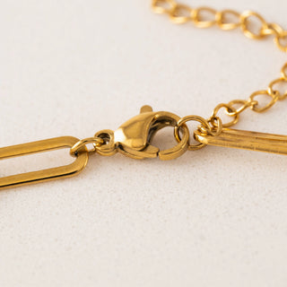 Close-up of a gold chain with clasp on a light background