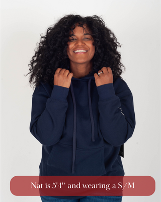 Person wearing a navy blue hoodie with text indicating height and size information.