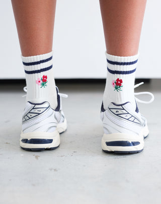 women wearing white and navy floral socks