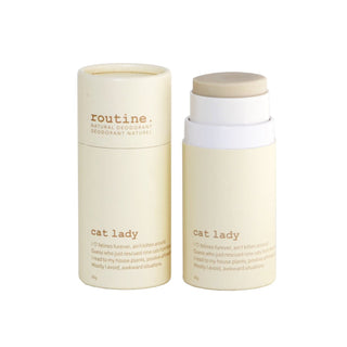 Deodorant container labeled 'cat lady' on a white background with the lid off.