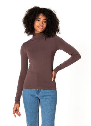 women wearing a brown bamboo turtleneck