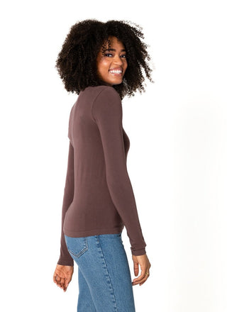women wearing a brown bamboo turtleneck