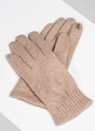 A pair of light brown knit gloves with a small wooden button detail on the back of one glove, displayed on a clean white surface.