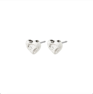 Heart-shaped silver earrings on a white background