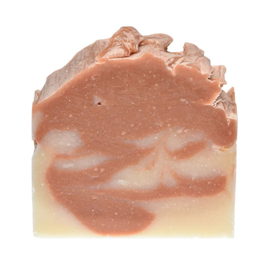 Bar of soap with a marbled design on a white background