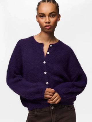 A model wearing a fuzzy, deep purple button-up cardigan sweater and dark brown pants, photographed against a clean white studio background.