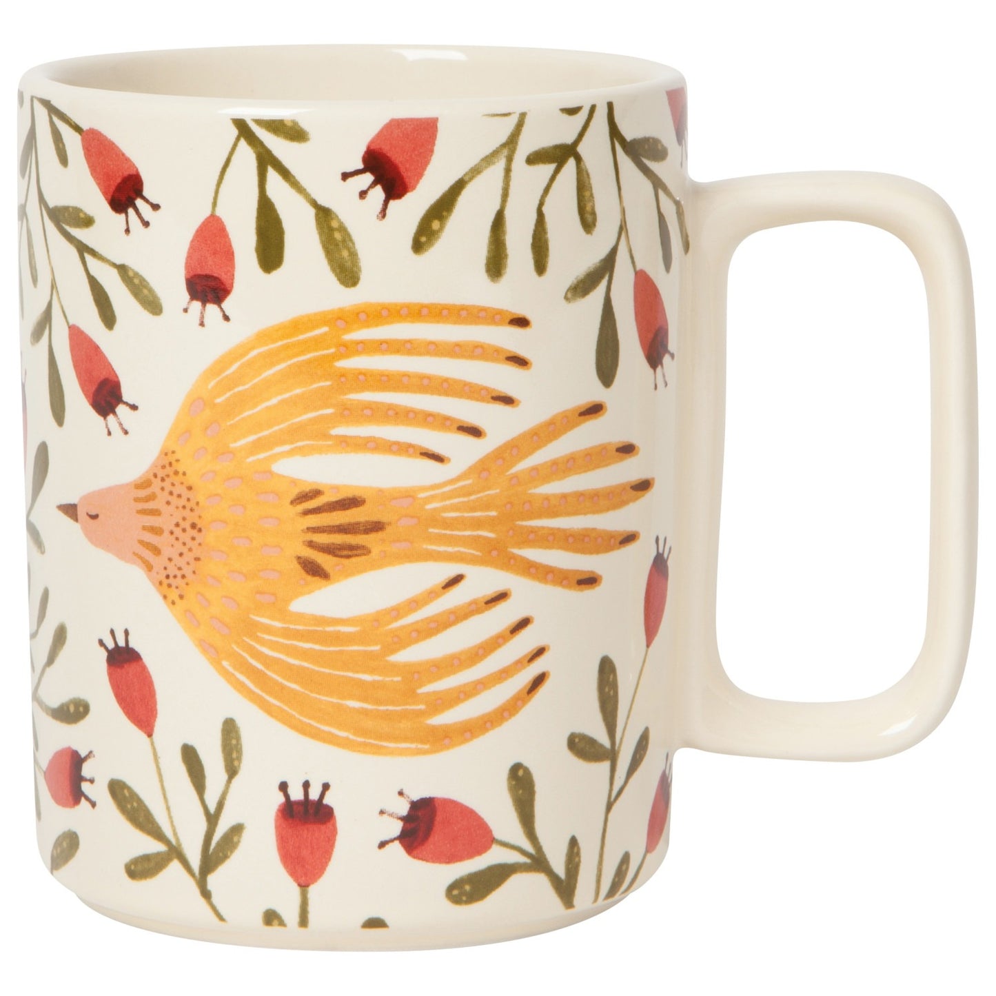 Mug with a yellow bird design and floral patterns on a white background