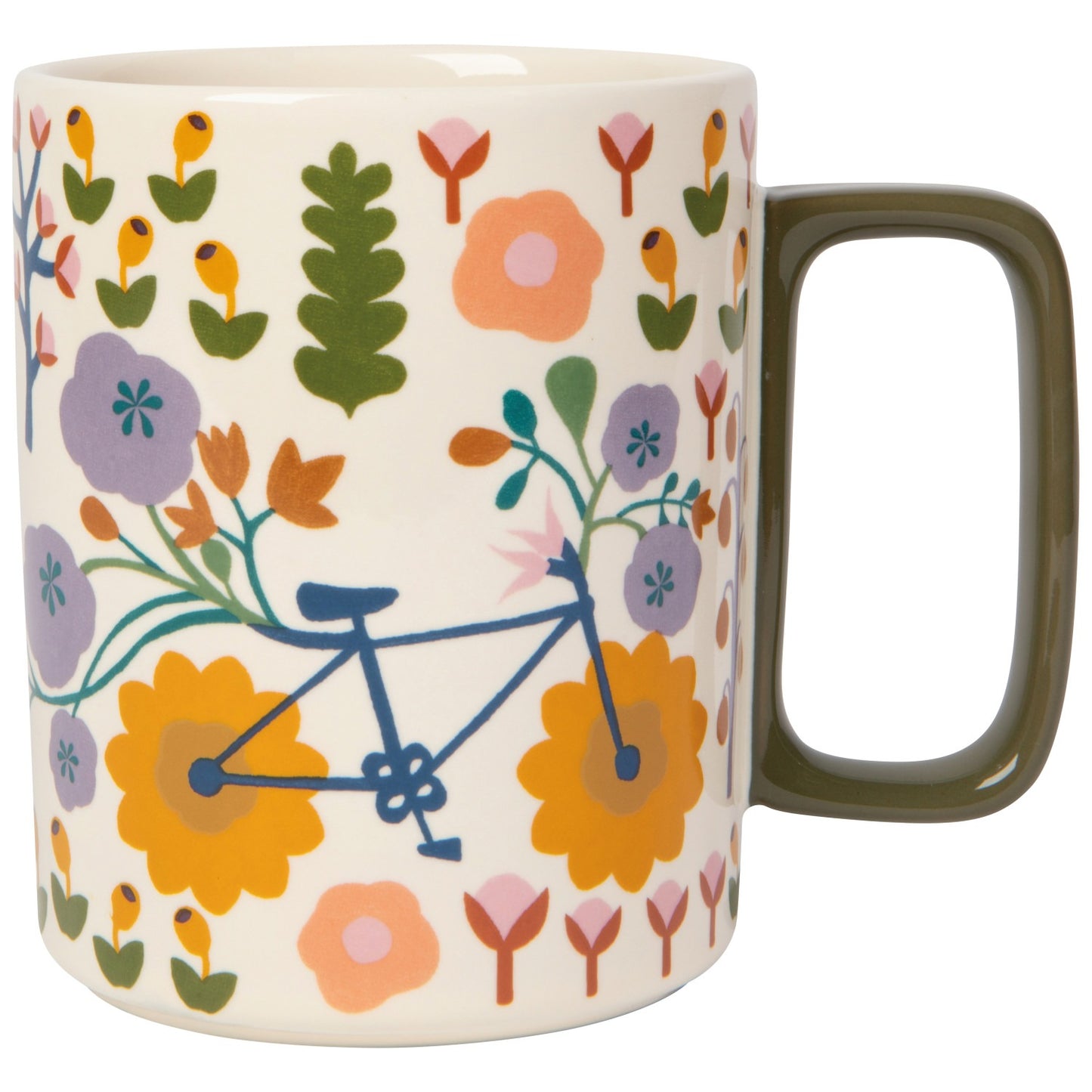Mug with floral design and bicycle illustration on a white background