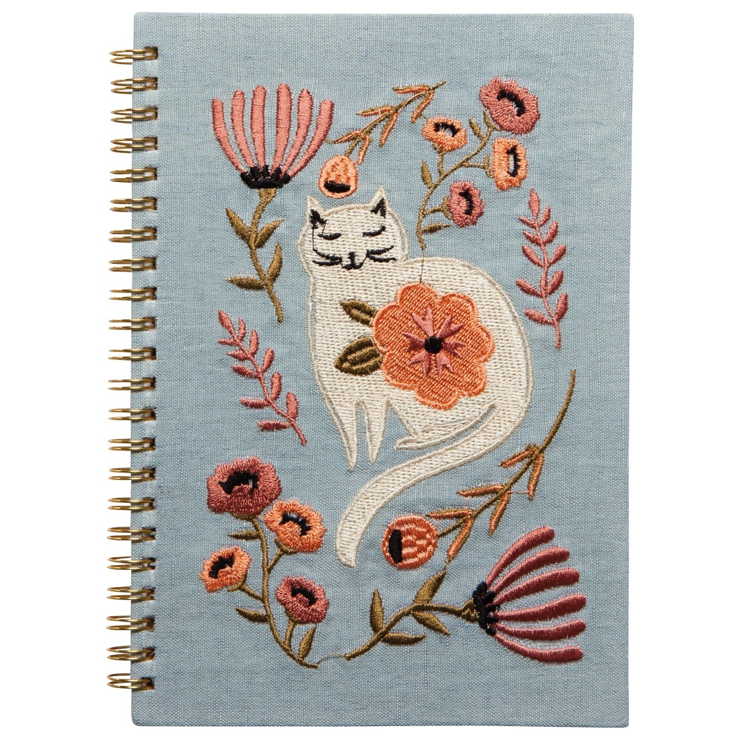 Embroidered notebook with a cat and floral design on a light blue background