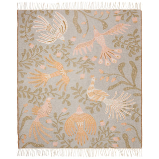 Decorative rug with bird and floral pattern on a light gray background