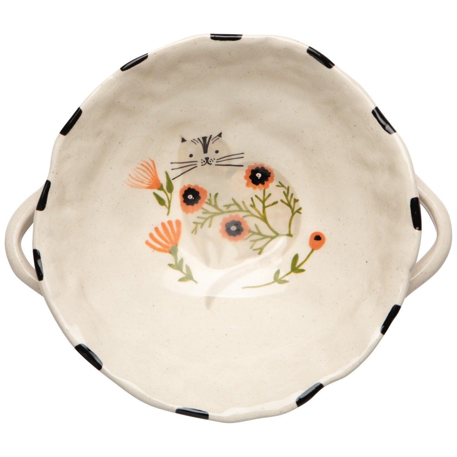 Ceramic bowl with floral design and black handles on a white background