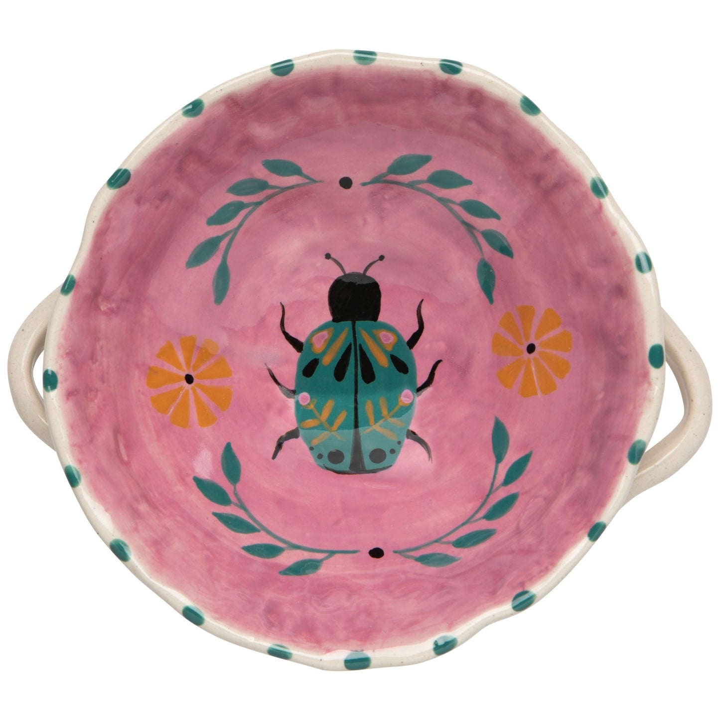 Ceramic bowl with a pink background, beetle design, and floral elements on a white background