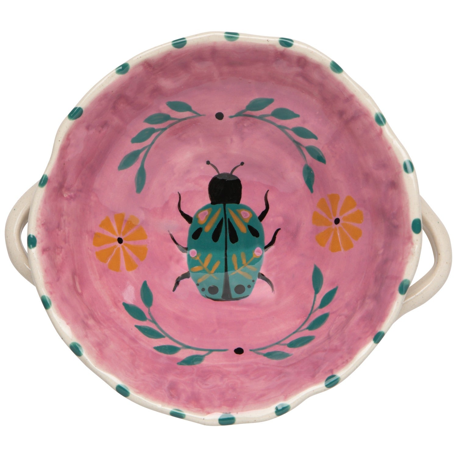 Ceramic bowl with a pink background, beetle design, and floral elements on a white background