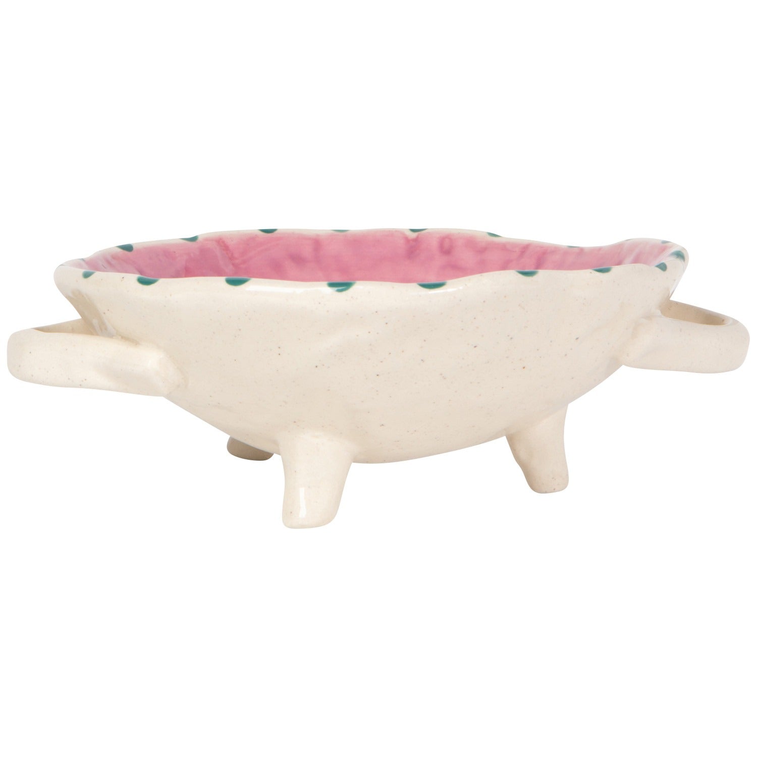 Tortoise-shaped bowl with pink interior on a white background
